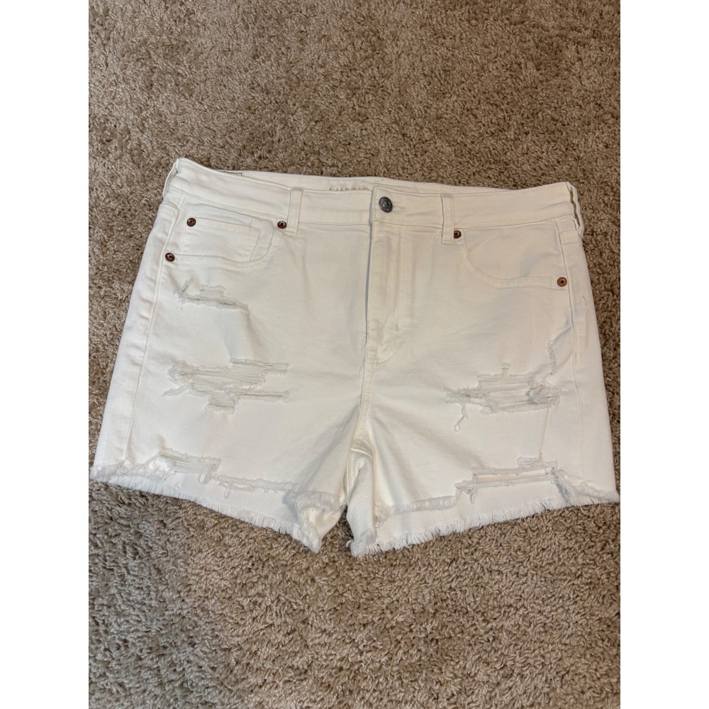 American Eagle Womens White Distressed Denim Shorts High Waisted Frayed Hem 14